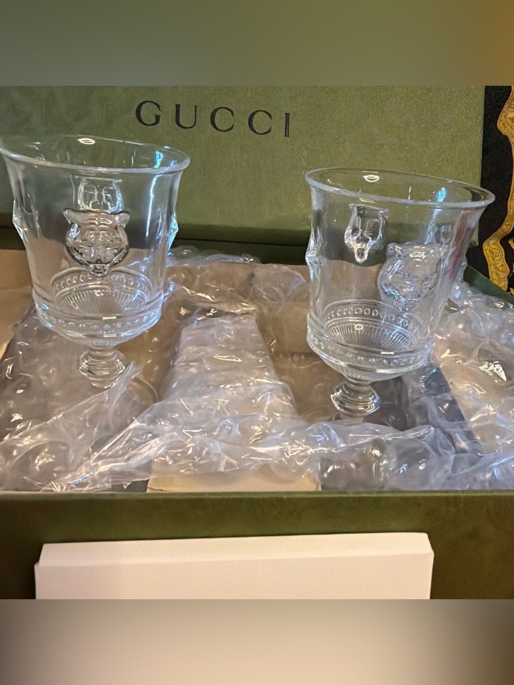 Gucci Clear Crystal Medallion Goblet Pair with Embossed Crest